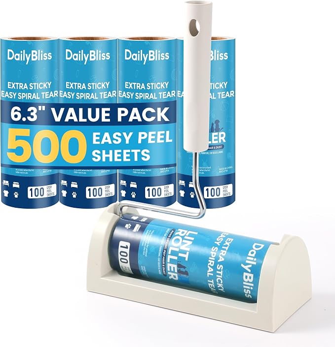 Extra Sticky Large Surface Lint Roller for Pet Hair, 500 Sheets | Easy Spiral Tear, 6.3" Wide Lint Roller, Cat & Dog Hair Remover for Clothes, Carpet, Giant Lint Remover with Storage Base