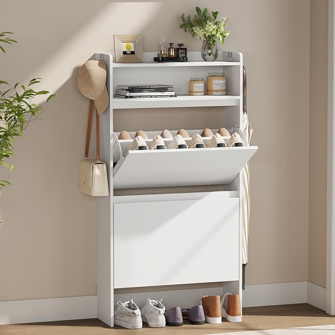 Shoe Cabinet Organizer with 2 Flip Drawers, Freestanding Shoe Rack Cabinet, Narrow Shoe Cabinet Storage for Entryway, Foyer, Hallway, White, 23.6" W