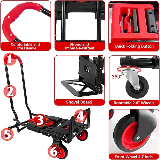 Folding Hand Truck, Portable Dolly Cart with Rubber Wheels and Retractable Handle, 2 in 1 Design 330lbs Capacity Hand Cart Foldable for Transportation/Luggage/Mobile/Travel/Office Use