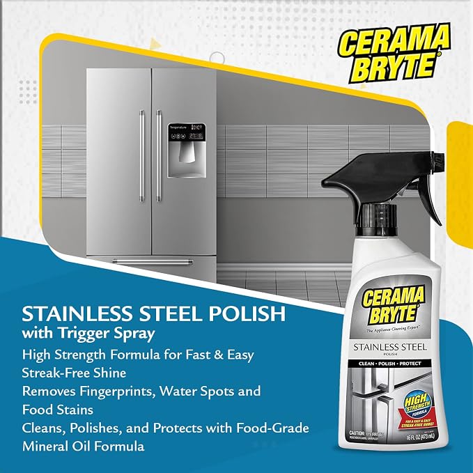 Cerama Bryte Stainless Steel Cleaner, Two 16 oz Bottles & Cloth