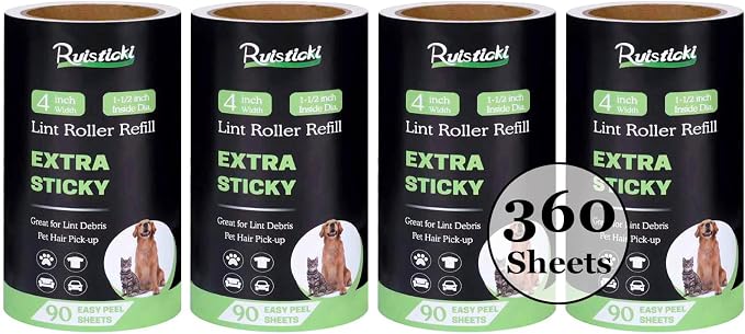 4 inch Lint Roller Refills for Evercare PetLovers Fedicelly Albatross and More Lint Rollers, Extra Sticky 90 Sheets per Refill, Pack of 4 Rolls, 360 Sheets Total (1 1/2 inch Inside Diameter)