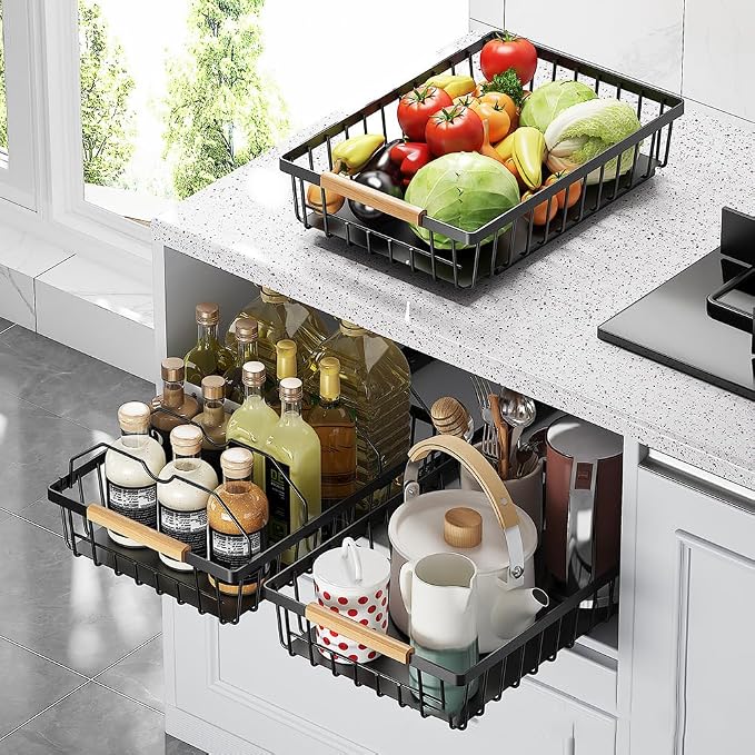 Pull Out Cabinet Organizer, Multifunctional Sliding Mesh Cabinet Basket, No Drill Pull Out Shelf Storage Drawer for Kitchen Bathroom Home Pantry