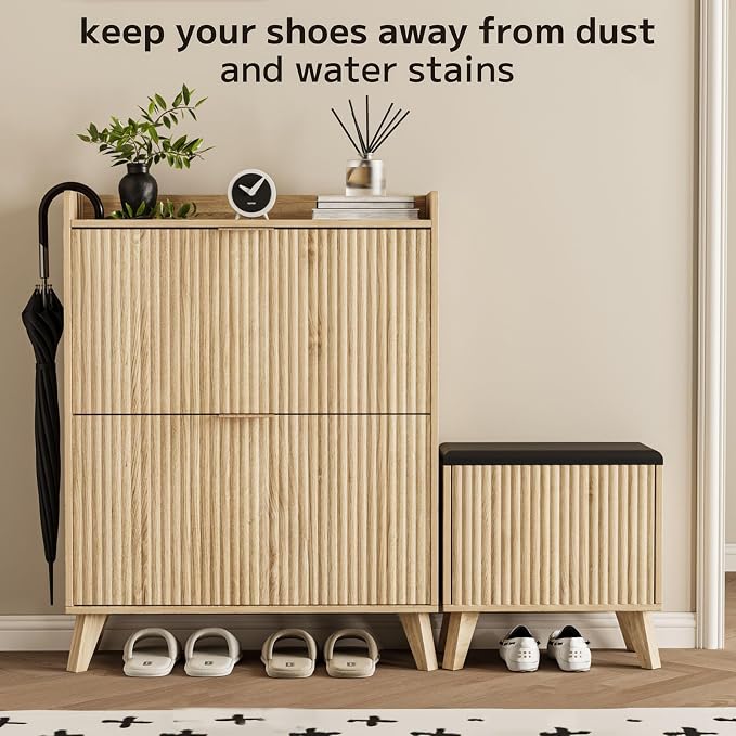 Fluted Shoe Cabinet Storage with Bench, Wood Narrow Hidden Shoe Cabinet with 2 Flip Drawers Wood Legs Adjustable Shelf for Entryway, L-Shaped Shoe Rack Organizer for Foyer Hallway Living Room