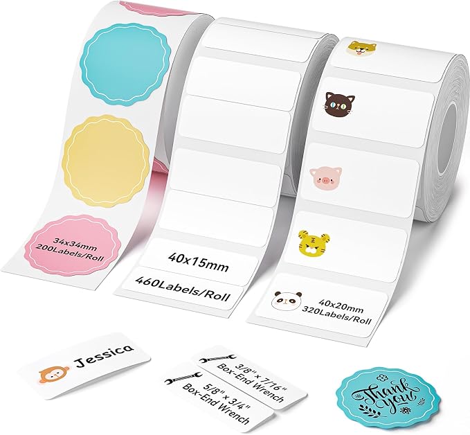 NIIMBOT 3 Roll Set Labels,1.3"x1.3" Colorful/1.6"x0.8" Zoo/1.6"x0.6" 2 Rows | Thermal Label Refills for B1/B21/B21Pro Label Maker, for Daycare/Spice Jar/Address/Logo/Name/Food Container