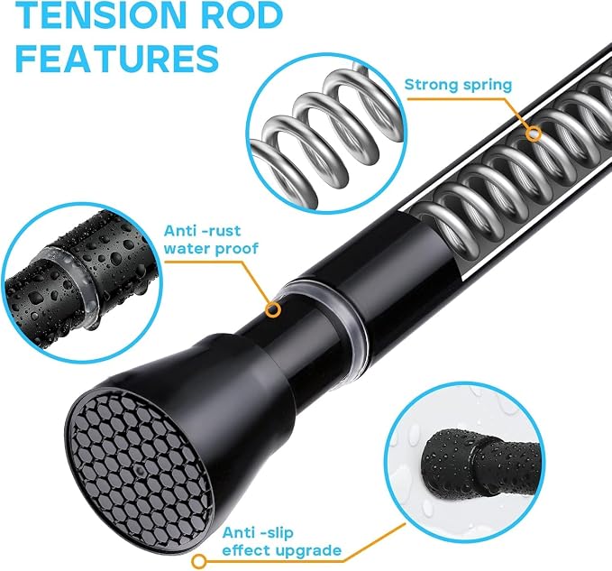 Black Tension Curtain Rod 30 to 64 Inch,Adjustable Curtain Rod,Shower Tension Curtain Rod No Drilling,7/8" Spring Curtain Rods for Windows Closet Doorway Door