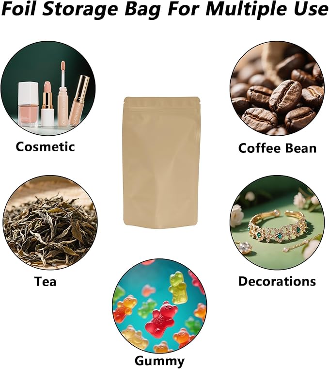 100PCS Smell Proof Resealable Pouch Bags,ULIFESTAR Aluminum Foil Flat Food Storage Bag,Sealable Pcsaging Zipper Pouches with Tear Notches for Pcsaging Lipgloss,Jewelry,etc(12*20cm/4.72*7.87",Gold)