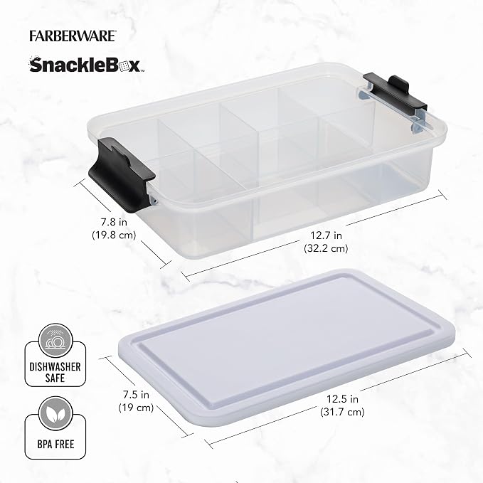 Farberware Snacklebox 7.8 x 12.7 Inch Plastic Cutting Board Lid with 7 Compartments and Locking Handles - Portable Snack Organizer for Charcuterie, Travel, Picnics, and On-the-Go Snacking