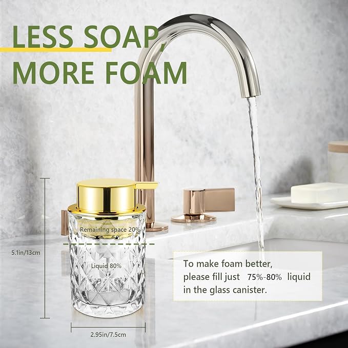 Glass Foaming Soap Dispenser 2 Pack Refillable Foaming Hand Soap Dispenser with Gold Large Pump Wide Opening for Bathroom Kitchen Countertop Modern Home Decor with Elegant Pattern, Transparent