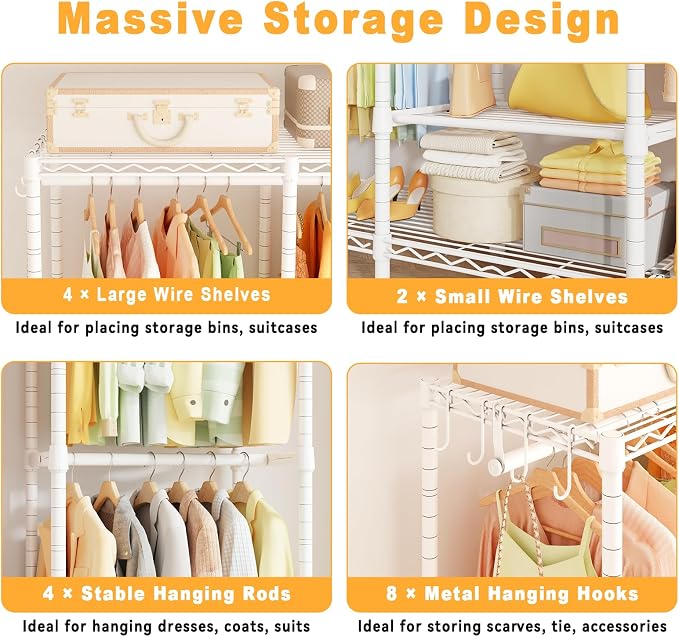 ULIFHOME H41 Garment Rack Heavy Duty Clothes Rack, Clothing Racks for Hanging Clothes, Extra Large Freestanding Portable Closet Wardrobe Rack 78.5'' W × 15.8'' D × 76.4'' H, Max Load 1150 Lbs, White