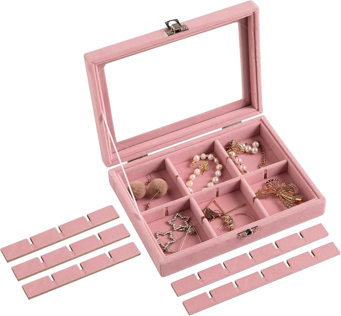 Frebeauty 24 Grid Earring Organizer,Small Velvet Jewelry Tray with Lid | Portable Jewelry Box for Rings Stud,Velvet Lining for Protecting Jewelry,Adjustable Dividers,Glass Lid for Clear Review