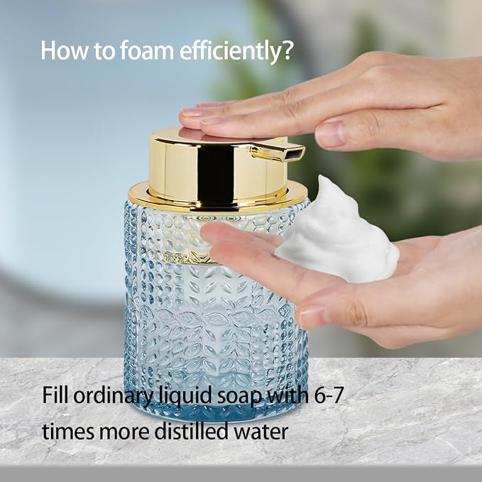 Glass Foaming Soap Dispenser,Foam Dispenser Bottle with Large Pump,Wide-Mouthed and Easy to Press,Refillable Hand Soap Dispenser for Bathroom Countertop and Kitchen Decor (1, Blue)