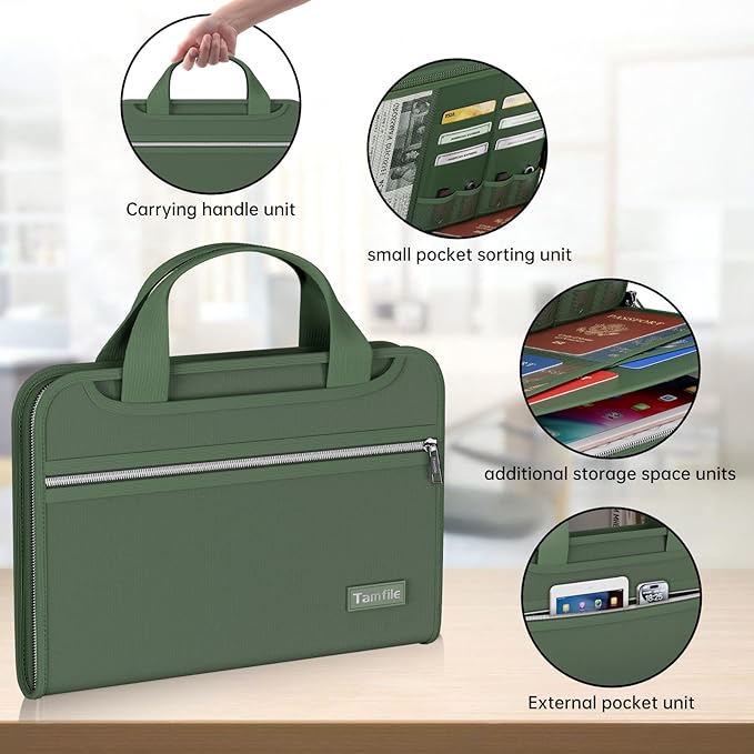 Tamfile Fireproof Accordion File Organizer with Handle, 13 Pocket Colorful Expanding File Folder with Zipper & Labels, File Folder with Multi-Pockets Paper Organizer Folder for Letter A4 Files (Green)