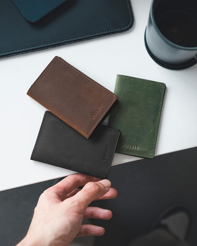 VULKIT Genuine Leather Business Card Holder 2 Sided Slim Business Name Card Organizer for Men or Women, up to Hold 20 cards (Genuine Black)