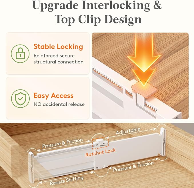 Lifewit Drawer Dividers for Clothes, 3.2" High 10.5"-16.5" Expandable Dresser Drawer Organizers, Adjustable White Plastic Separators for Kitchen, Cabinet, Nursery, Socks & Underwear Storage, 8 Pack