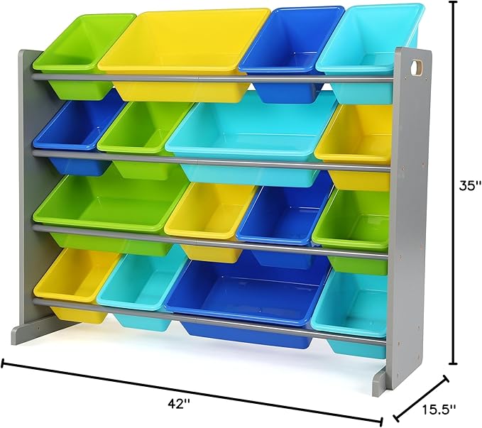 Humble Crew Toy Storage Organizer with 16 Removable Storage Bins for Kids Playroom, 4-Tier Toddler Toy Organization and Storage, Grey/Blue/Green/Yellow