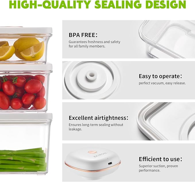 ZKIRON One-Touch Electric Vacuum Seal Food Storage Containers Set of 3 - Automatic Sealer Machine with Airtight Meal Prep Containers - BPA-Free & Stackable for Vegetables, Meat, Fruits (White)