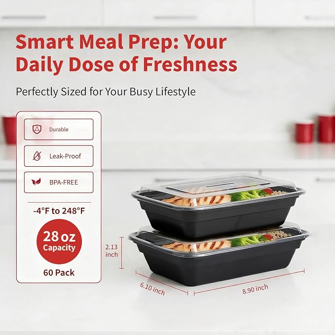 60 Pack 28 oz Plastic Meal Prep Containers with Lids,Microwave Safe | Take Out,Food Storage,Disposable Plastic Lunch Boxes,Sturdy,Freezer,Microwave,Dishwasher Safe,Stackable,Leak-proof