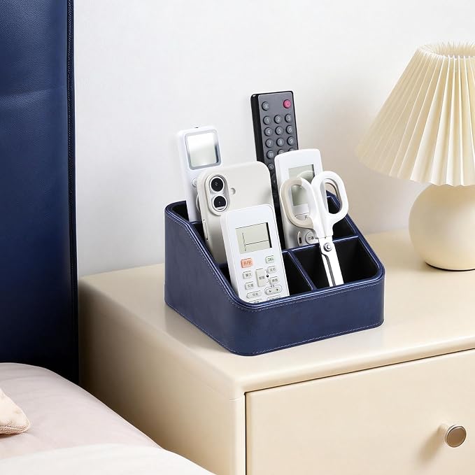 PU Leather Remote Control Holder, Nightstand Organizer with 4 Compartments | Luxury Desk Caddy with Velvet Lining, Small Desk Organizer for Living Room, Bedroom, Bedside, End Table, 6.8" x 6.7" x 4"