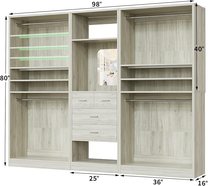 Unikito 98” Closet System with Mirror & 4 Drawers, 8.2FT Heavy Duty Wood Closet Organizer with 4 Hanging Rods, Large Walk-in Wardrobe Garment Rack with Adjustable Shelves, White Oak