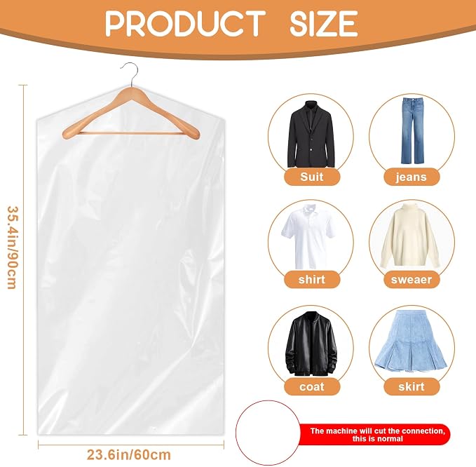 Garment Bags for Hanging Clothes,90 PCS Dry Cleaning Bag,Dry Cleaner Bags Plastic Clear 35.4 Inches, Plastic Cover for Clothes,60x90cm