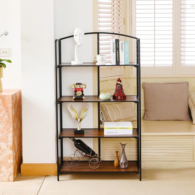 Crofy 4-Tier Wider Foldable Bookshelf, Black Frame & Walnut Shelves | No-Assembly Collapsible Portable Storage Organizer; Sturdy Walnut Finish Shelves; Ideal for Living Room & Home Office