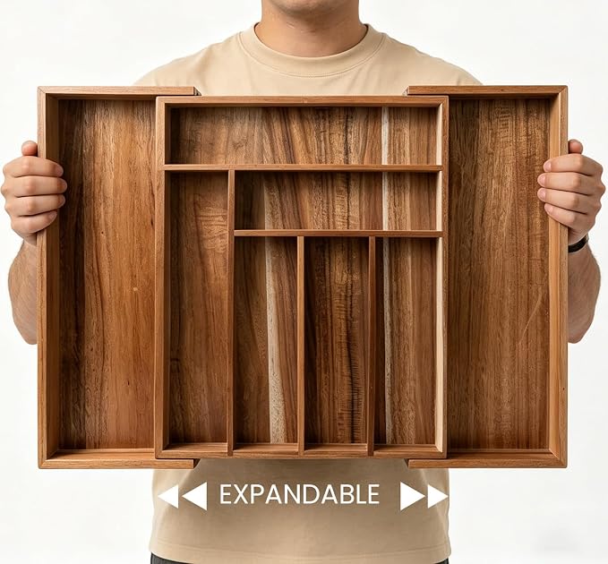 Fibogollo Expandable Kitchen Drawer Organizer,Acacia Wood Silverware Organizer,Adjustable Flatware Tray for Utensils(16.93 * 13.19~22.44 * 1.97)