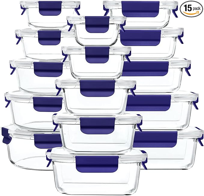 GENICOOK 30 Pieces Glass Food Storage Containers with Snap Locking Lids,Glass Meal Prep Containers Set - Airtight Lunch Containers, Microwave, Oven, Freezer and Dishwasher BLUE