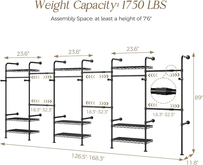 Closet Organizers and Storage, 6-Row Heavy Duty Clothes Rack for Hanging Clothes, Wall Mounted Closet System with 6 Telescopic Rods, 3 Fixed Rods, 7 Hooks, 9 Shelves for Wardrobe, Bedroom, Small Space