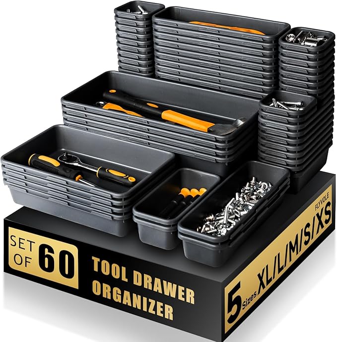 Tool Box Organizer Tray, 60 PCS & 5 Sizes, Black | Durable ABS Plastic Toolbox Desk Drawer Organizer, Interlocking Design, Toolbox Organization Storage for Rolling Tool Chest
