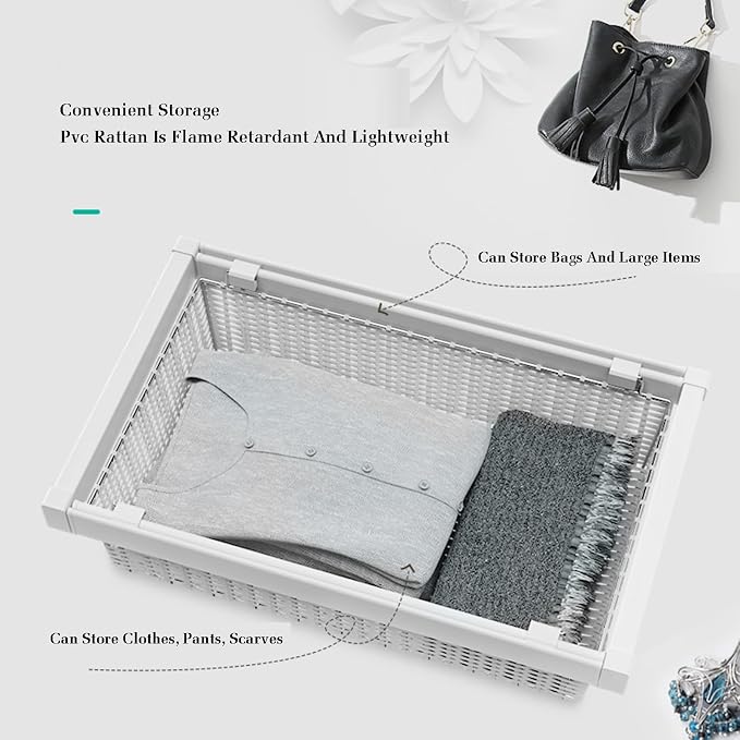 Pull Out Cabinet Storage Basket,Wardrobe Storage Organiser,Stackable Detachable Baskets Closet Storage Box,for Kitchen Office Wardrobes Cupboard Storage(White,437x20x480mm)
