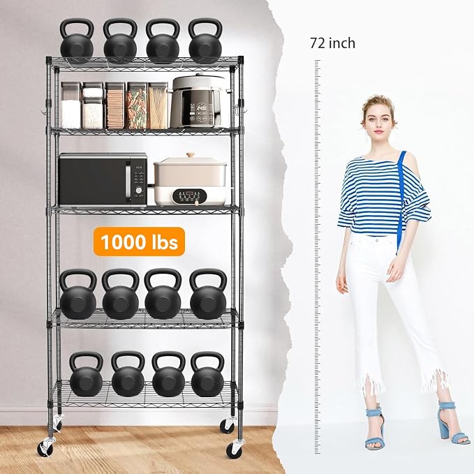 YNN Storage Shelves,1750Lbs 5 Tier Heavy Duty Metal Rolling Shelving Unit with Wheels & 8 Hooks, Adjustable Garage Wire Rack for Kitchen, Bathroom,Industrial,Pantry(36" W x 14" D x 72" H,Black)