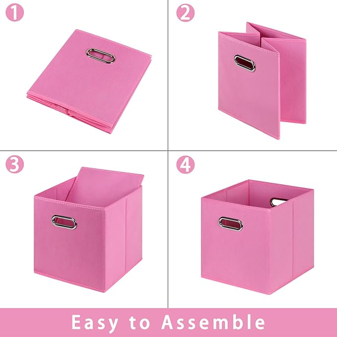 Fabric storage bins Cubes, Fabric Cube Organizer with Handle, Foldable Cube Bins for Cloth or Accessary Storage, 11x11x11, Set of 3, (Pink)