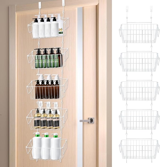 Over The Door Organizer – 5 Removable Hanging Baskets, Back of Door Storage for Bathroom, Kitchen, Pantry & Garage, No Tools Needed, 3 Installation Methods (Wall/Door Mount) White