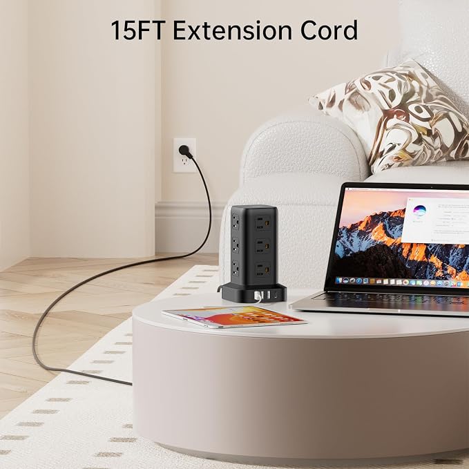 Extension Cord with Multiple Outlets, SMALLRT Surge Protector Power Strip Tower with USB Ports 12 AC Outlets, PD 20W USB C, 15FT Outlet Extender for Home Dorm, Office Supplies, Overload Protection
