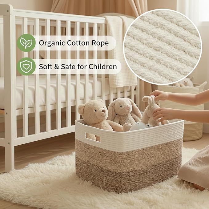 JMvicyroam Woven Blanket Basket,65L Large Storage Bin for Blankets Toys Clothes,Decorative Rope Basket for Living Room Bedroom with Handles, White&Brown