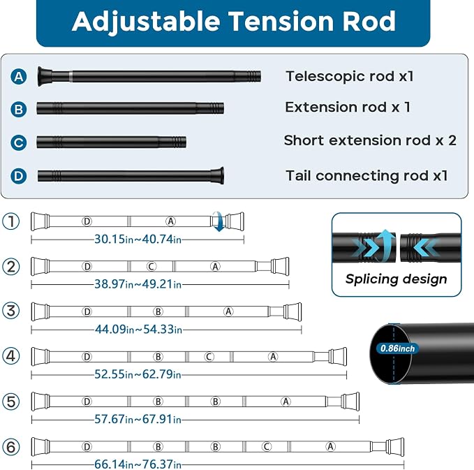 1PCS Spring Tension Curtain Rods 32 to 72 Inch Black Tension Rod Spring Tension Rod long Curtain Rod Tension Adjustable Curtain Rods for Kitchen