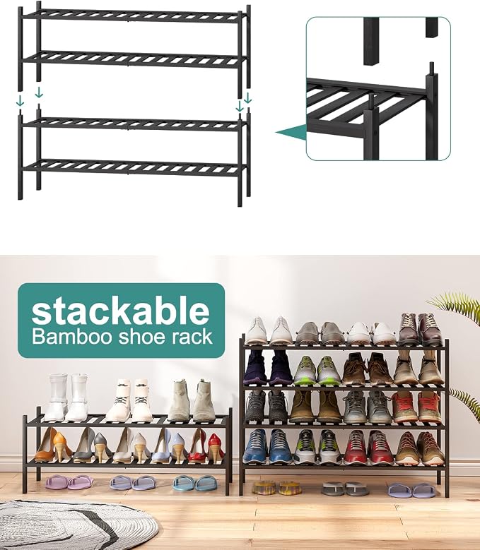 viewcare Black 4-Tier Long Shoe Rack, Bamboo Wood, 33-Inch