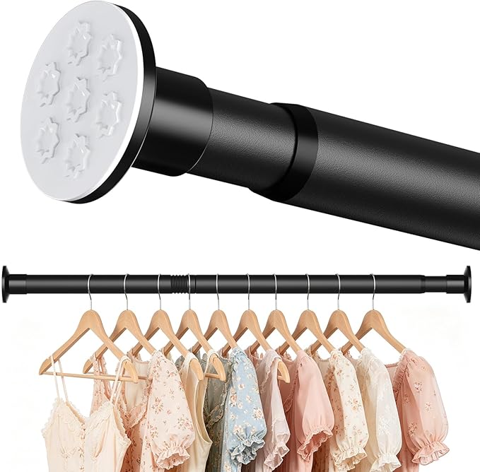 No Drilling Closet Rod, Adjustable Black Closet Rod, 28-98 Inches Heavy-Duty Closet Tension Rods for Hanging Clothes for Wardrobes, Closet, Laundry & Bathroom (Black)