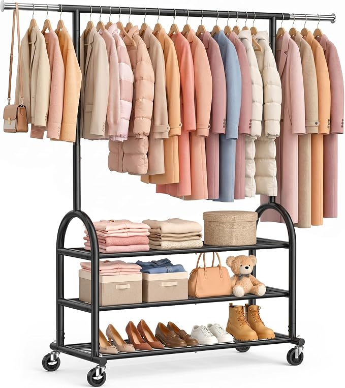 EAGMAK Heavy Duty Clothes Rack for Hanging Clothes Load 688 LBS, Height Adjustable Rolling Clothing Racks, Portable Metal Coat Rack Garment Wardrobe with Wheels and 3 Shelves for Bedroom, Black