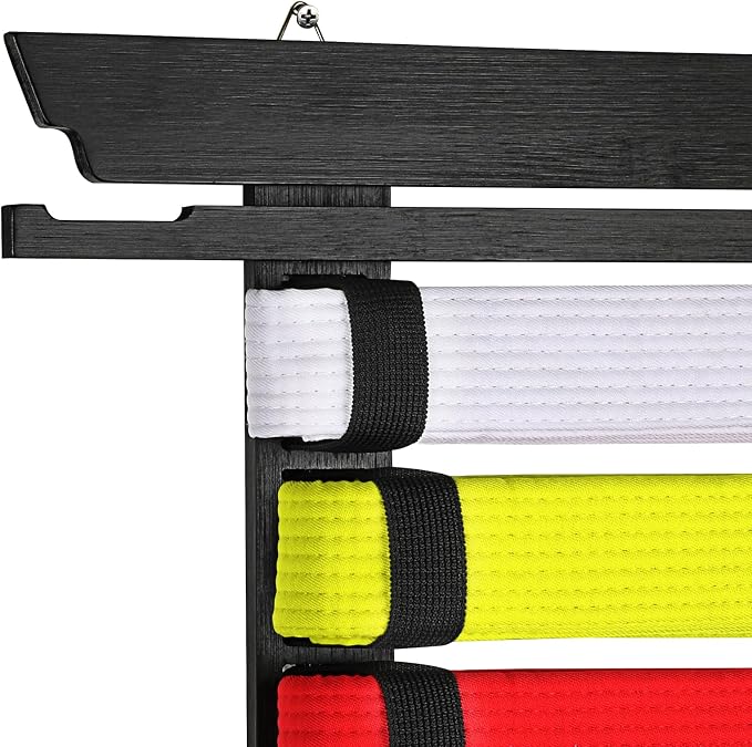JUXYES Wall Hanging Martial Arts Belts Organizer for 8 12 Belts with Medal Hanger and Stickers, Bamboo Karate Belt Display Holder Rack, Taekwondo Belt Display Holder for Martial Arts Learners