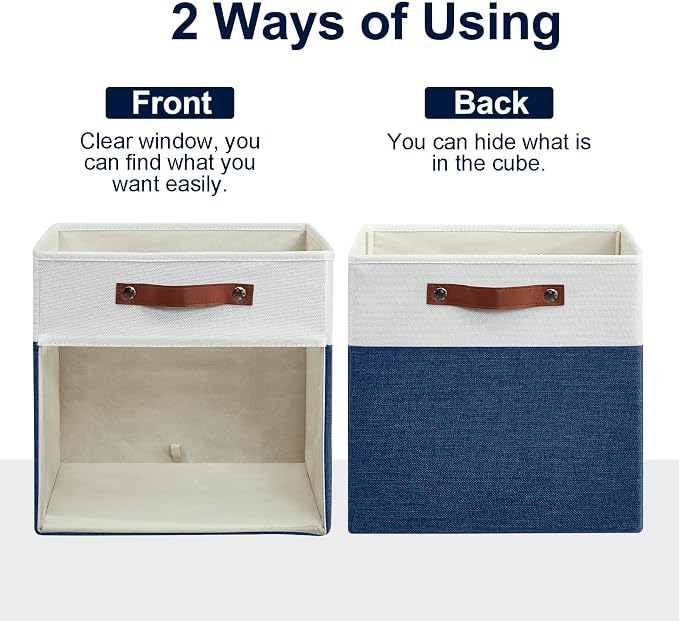 Bagnizer Storage Cubes, 4 Pack Linen Foldable Storage Bins with Clear Window and 2 Handles, 13x15x13 Storage Cube Bins for Shelf Closet, Kallax, Clothes, Books - (Navy Blue / Off-White)