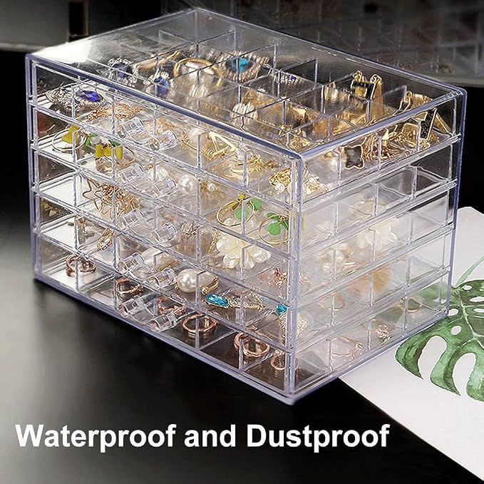 QIYUSHRY Earring Storage Box Acrylic Jewelry Storage Holder Ring Clear Plastic Transparent Jewelry Display Stand with 5 Drawers 120 Small Compartment Tray for Women Girls