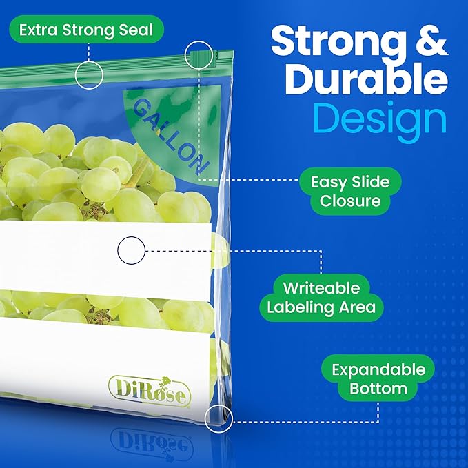 DiRose Gallon Slider Storage Bags, Easy Open Zip, Ideal for Food Storage and Organization, 200 Count