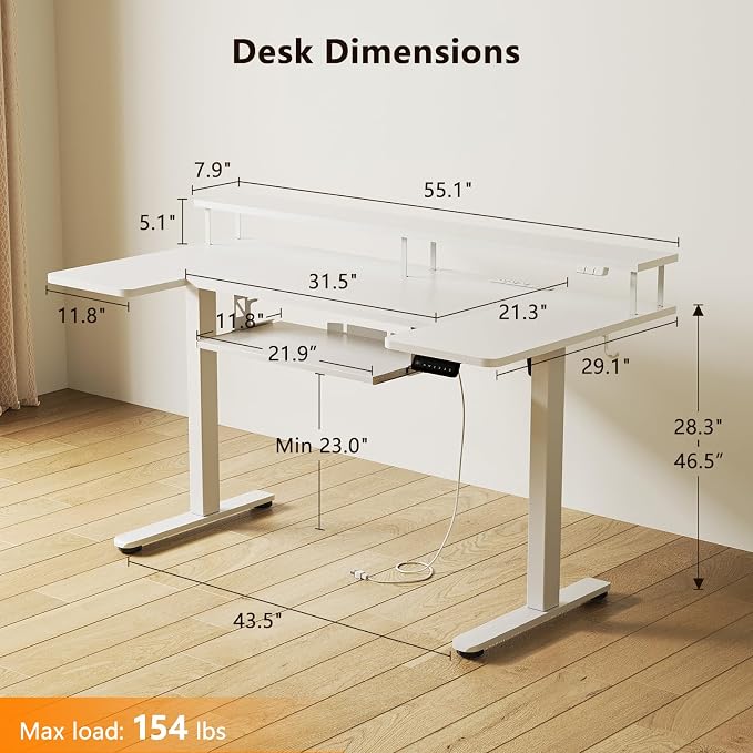 OffiGo 55 Inch U Shaped Electric Standing Desk with Keyboard Tray, White | 3 Outlets & 2 USB Ports, Dual-Monitor Stand, 10 Colors & 10 LED Modes, 3 Presets, 28.3"-46.5"in Range, 154 lb Capacity
