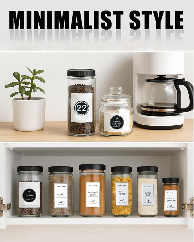 388 Pcs Spice Jar Labels Set- Stickers Waterproof Preprinted Pantry Labels with Blank Label, Black & White Stickers for Kitchen Jars Food Containers Spice Organizers Storage Bins