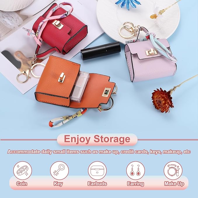 PATIKIL Mini Backpack Keychain, Cute Coin Purse Keychain PU Leather Backpack Purse Key Chain Little Earbud Bag Keychains for Women Mini Card Data Cable Organizer, Orange
