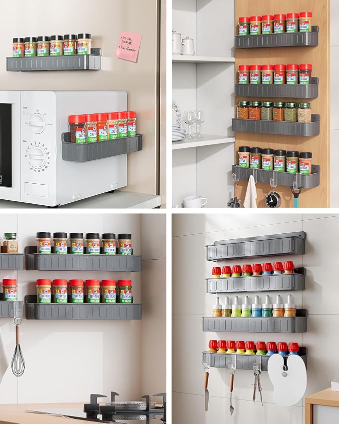 Nieifi Spice Rack Wall Mount, 4 Pack, Grey, 2 Inch Depth, Screw or Adhesive Installation, Spice Rack Organizer for Small Spice Jars, Suitable for Kitchen Cabinet or Pantry Door