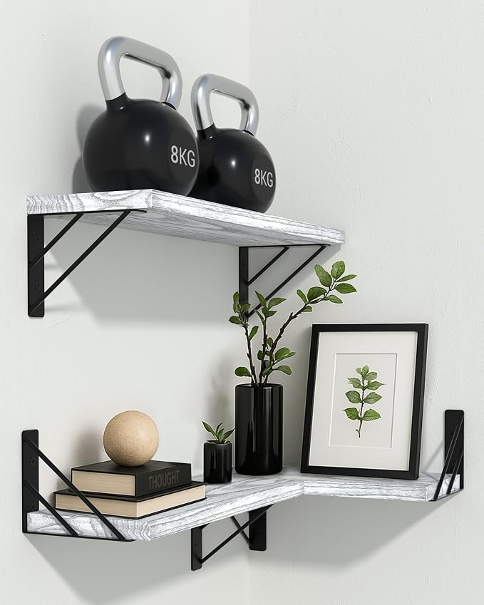 BAYKA Wall Shelves for Bedroom Decor, Floating Wall Shelves for Living Room Kitchen Storage, Mounted Rustic Wood Floating Shelves for Kids Books,Corner Shelves for Bathroom(Gray White，Set of 3)