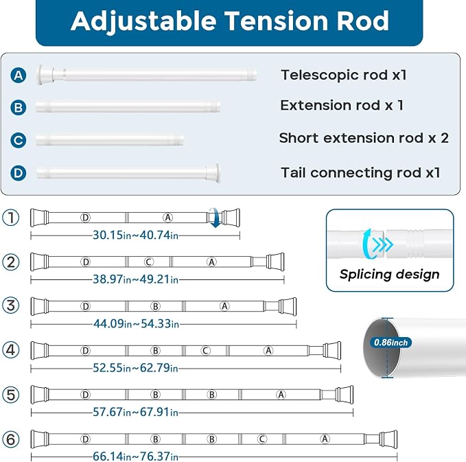 32–72 Inch Spring Tension Curtain Rod, Adjustable Tension Rod No Drilling | No-Sag Steel Tension Rod, Rust-Resistant, Tool-Free Spring Fit, Flexible for Apartment, Dorm, RV, Door, Closet, White