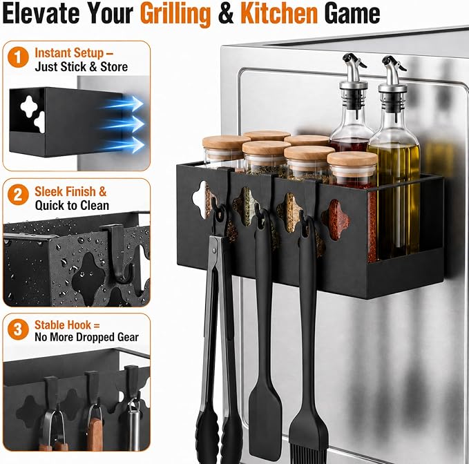 Linidcoud 1 Pack Metal Magnetic Spice Rack Organizer for Pellet Grill Accessories, Outdoor Grill Storage for Most Pellet Smokers, Ironwood Series, Pro Series, Z-Grills, Pit Boss